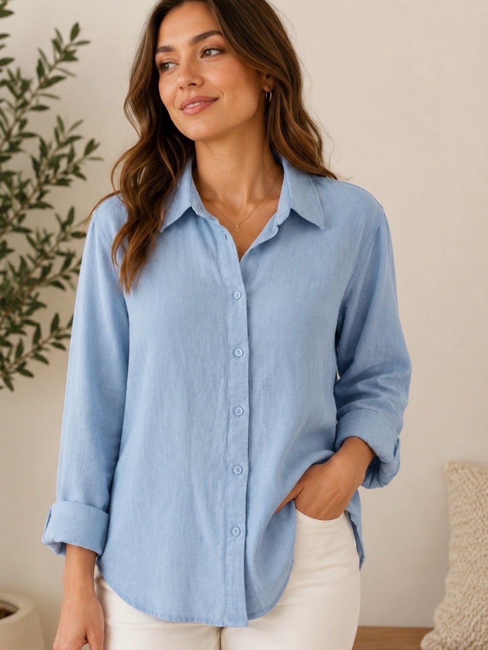 Ted Baker Light Blue Button-Down Linen Blend Women's Shirt
